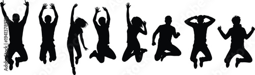 People jumping silhouette collection with energetic men and women celebrating isolated vector illustration set