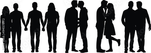 Romantic couples silhouette collection holding hands hugging and kissing isolated love relationship vector illustration set