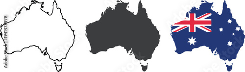 Minimalist Australia map icon set with outline, gray silhouette and Australian flag design showing continent and national symbol vector