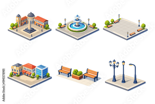 Public squares. Isometric flat vector icons set of public squares: city square plaza, central fountain, paved open space, surrounding buildings facades, public