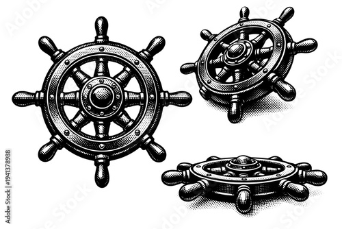 Decorative nautical ship wheel. A decorative nautical ship wheel shown as one object in three different views highlighting stylized spokes, balanced symmetry,