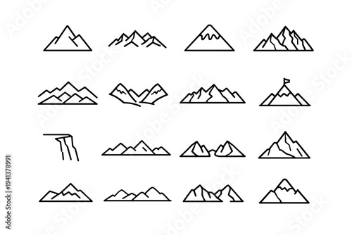 Mountains. Line icon set of Mountains: mountain peak, mountain range, snow capped mountain, rocky mountain, layered mountains, mountain valley, mountain ridge,