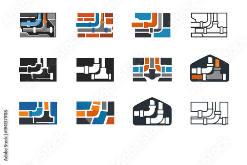 Pipes behind wall (cutaway view). Icon set. Set Logo of Pipes behind wall (cutaway view): residential plumbing cutaway. harmonious logo variations of the same