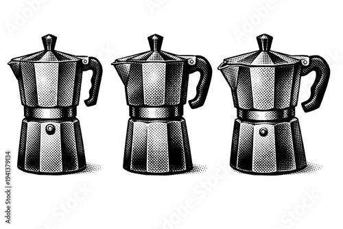 Vintage stovetop moka pot A classic vintage stovetop moka pot depicted as a single object, shown from front, side, and three-quarter views with accurate metal