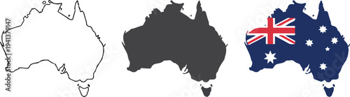 Minimalist Australia map icon set with outline, gray silhouette and Australian flag design showing continent and national symbol vector