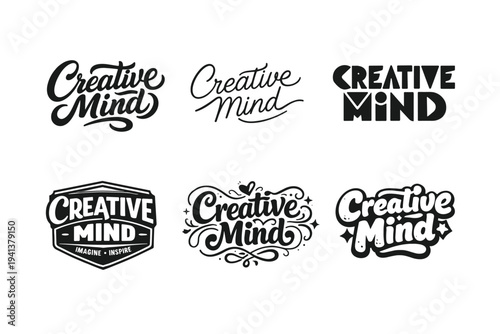 Creative Mind. Set lettering. harmonious lettering variations of the same emblematic concept, each with different artistic interpretation (Bold hand-lettering