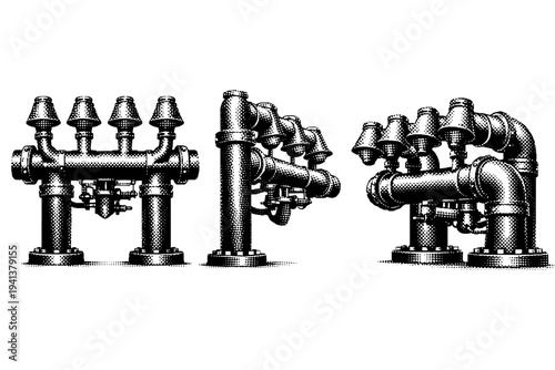Rocket launch pad water deluge system with large pipes and spray outlet heads, represented as one realistic deluge assembly shown in three views including
