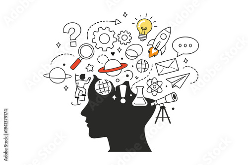 Curiosity Concept. Head silhouette with gears, symbols, and shapes emerging from inside, visualizing an active mind. Thoughtful, creative mood focused on