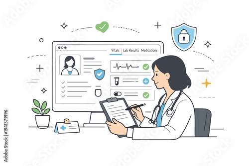 Healthcare data management. Calm editorial scene with a healthcare professional reviewing patient records on a secure digital dashboard, sense of accuracy,
