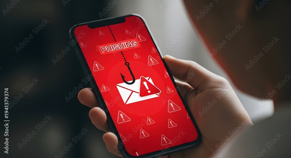 Obraz premium Hand Holding Smartphone Displaying Red Warning Alert on Dark Background
