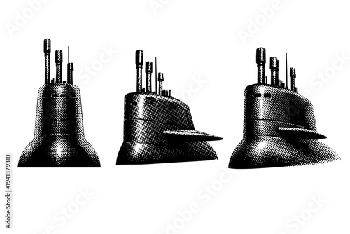 Submarine conning tower A realistic submarine conning tower represented as one object in three views: front elevation view, side profile view, and angled