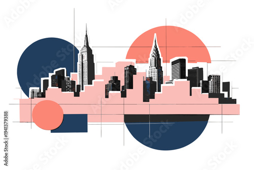 Black and white realistic city skyline silhouette layered with textured cut-out buildings, soft pastel pink block forming the main cityscape mass, bold