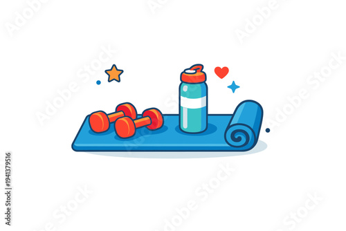 Home workout equipment focused on a neatly arranged yoga mat with dumbbells and a water bottle, conveying balance, routine, and everyday fitness at home.