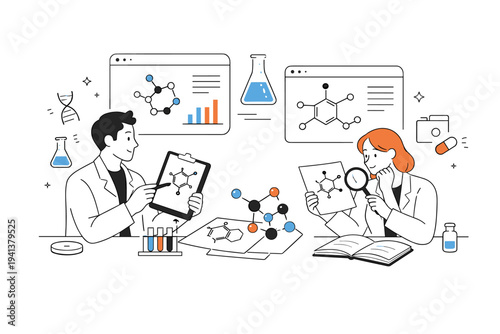 Drug discovery process. Clean editorial scene of researchers analyzing molecules and compound structures on screens and papers, showing early-stage exploration