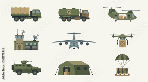Military Logistics Icons – Cargo, Fuel, and Supply Operations