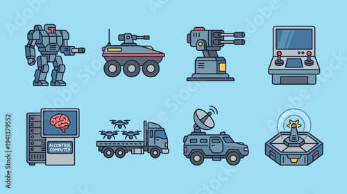 Military Robotics Icons – Defense Systems and AI Technology