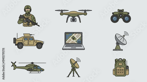 Military Defense Icons – Personnel, Vehicles, and Communication Systems