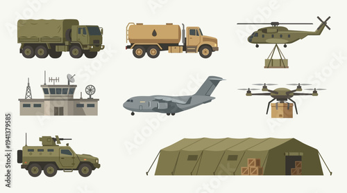 Military Logistics Icons – Cargo, Fuel, and Supply Operations