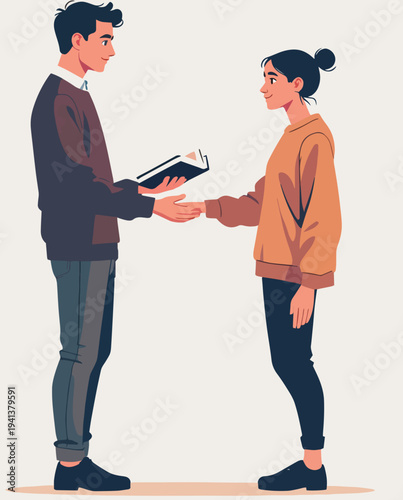 Illustrazione vettoriale che rappresenta un uomo e una donna mentre trasmettono la parola leggendo da un libro sacro. La scena comunica spiritualità, condivisione del sapere e diffusione del messaggio