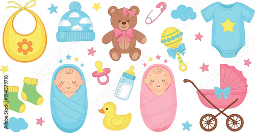 Cute baby shower vector set with newborn items, teddy bear, stroller, pacifier, bottle and swaddled babies cartoon illustration