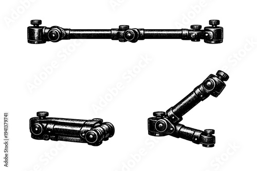 Planetarium projector mounting arm with mechanical joints and adjustment knobs, depicted as one realistic support arm shown in three views including extended,
