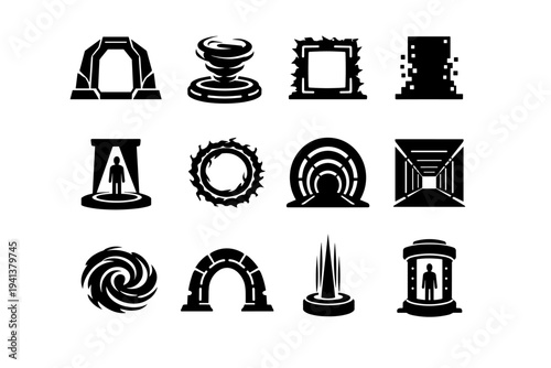 Sci-Fi Portal. Solid icon set of Sci-Fi Portal: sci fi gate, teleport circle, energy frame, digital portal, hologram doorway, plasma ring, tech tunnel, light