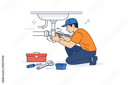 Removing the old sink. A person carefully loosening fittings under a sink, focused posture and steady hands, sense of careful work. Pipes and tools simplified
