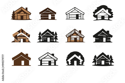 Decorating with reclaimed wood. Icon set. Set Logo of Decorating with reclaimed wood: reclaimed timber house icon. harmonious logo variations of the same