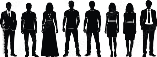 Men and women standing people silhouette collection with casual and business outfits isolated vector illustration