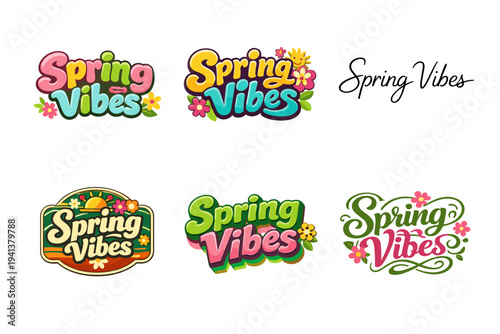 Spring Vibes. Set lettering. harmonious lettering variations of the same emblematic concept, each with different artistic interpretation (Rounded bubble