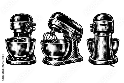 Retro home appliance ? vintage stand mixer with rounded motor head mixing bowl and side controls depicted as a single object. Black and white dot style with