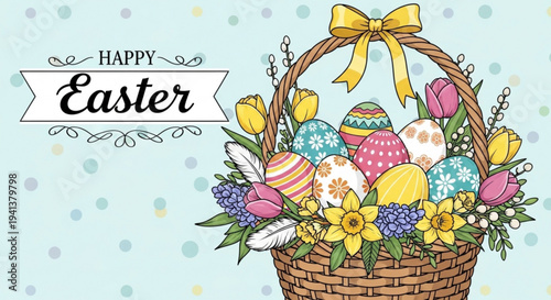 Colorful easter eggs in a wicker basket with flowers and yellow ribbon on light blue background with polka dots