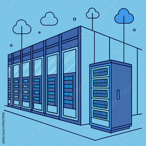Modern Data Center Building Exterior with Server Racks and Cloud Computing Connections, Flat Line Art Vector Illustration