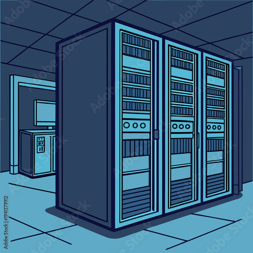 Modern Server Room Interior with Rows of Server Cabinets and Workstation for IT Support Operations