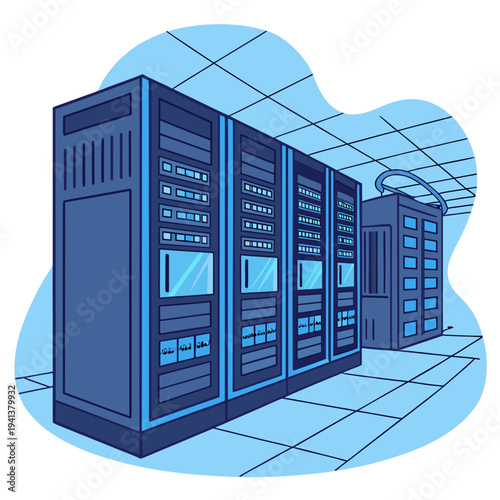 Contemporary Data Center Interior with Multiple Server Cabinets and Cloud Computing Representation in Blue Tones