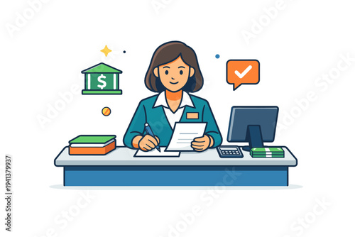 Bank teller counter service illustrated by a calm teller handling paperwork at a modern desk, symbolizing accuracy, responsibility, and personal financial