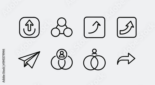 Collection of eight minimalist icons representing various functions and concepts