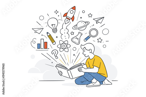 Curiosity Learning. Human figure opening a book or box with light, symbols, and ideas rising upward. Inspiring atmosphere of learning, growth, and imagination.