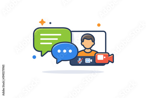 Digital collaboration tools visualized through chat and video call icons integrated into a single interface, expressing seamless communication and connected