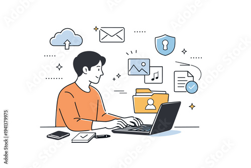 Digital legacy planning. A calm editorial scene of a person organizing digital accounts and files on a laptop with thoughtful focus. The mood feels responsible