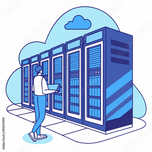 IT Engineer Working on Server Racks with Laptop in Data Center Cloud Environment Illustration