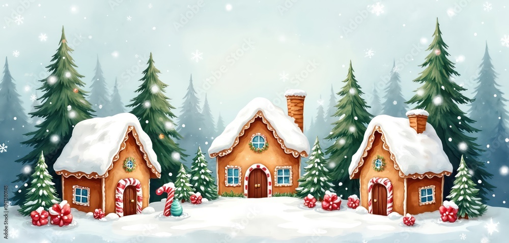 Fototapeta premium Sweet gingerbread village sits covered in snow. Decorated houses with candy cane doors and snowy roofs. Pine trees surround festive holiday scene. Presents placed around dwellings.