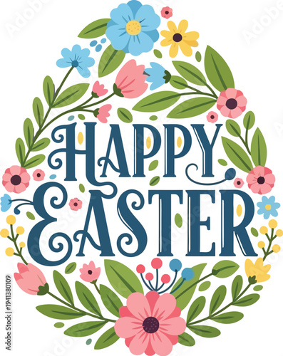 Happy easter greeting with floral egg illustration on white background