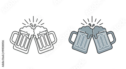 Two mugs clinking together in a celebratory toast with bubbles and foam