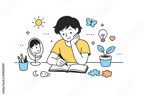 Self-discovery through art. A gentle scene of a person journaling or sketching, discovering identity through creative practice, quiet confidence and openness.