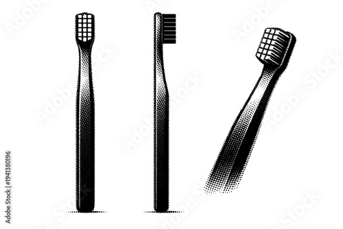 Minimalist toothbrush A simple minimalist toothbrush shown as one object, presented in front, side, and angled views emphasizing clean geometry and balanced