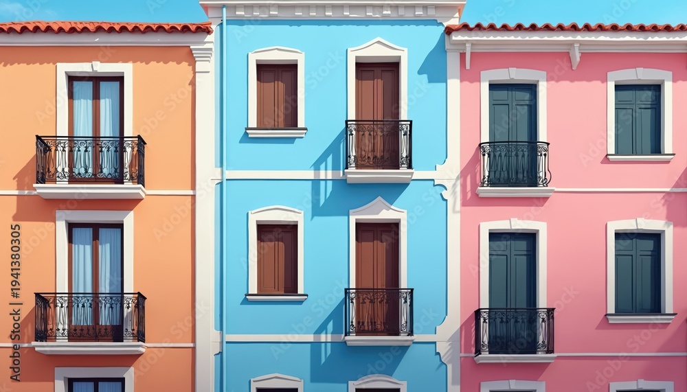 Obraz premium Row of colorful buildings in pastel shades with balconies. Houses feature ornate windows and decorative facades. Sunny day with clear blue sky casting shadows on walls. Residential urban street scene.
