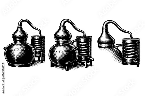 Copper pot still presented as a traditional alembic distillation still with rounded boiler, swan neck arm, and condenser coil shown in front view, angled