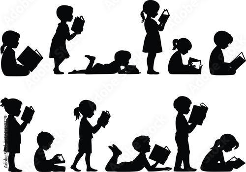 Collection of Kids Silhouette Reading Books Featuring Boys and Girls in Different Poses for Education Literacy Library and School Design Projects