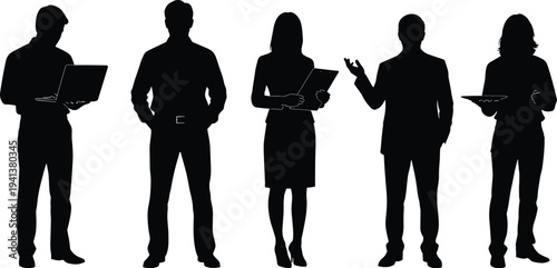 Business people silhouette collection with laptop tablet and clipboard professional team standing isolated vector illustration set